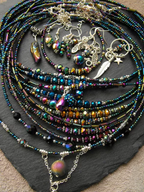 Shamballa Pave collar necklace rainbow TITANIUM coated DRUZY agate raw HEMATITE