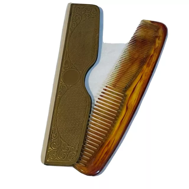 Vintage Gold-Plated Engraved Case & Hair Comb possibly antique art nouveau style