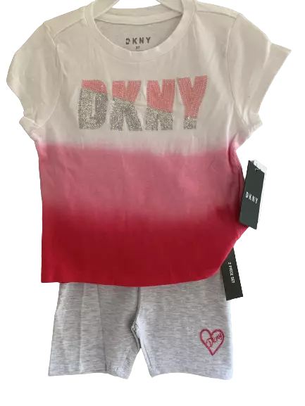 Set top e pantaloncini DKNY 2 pezzi rosa paillettes 100% cotone bambino età 1-4 anni