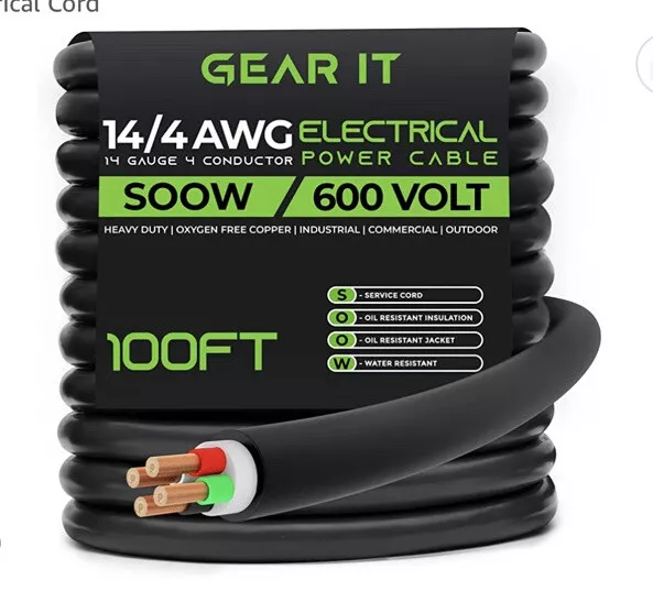 100' 14/4 SOOW Portable Power Cable Ofc Oxygen Free Copper Black 600V
