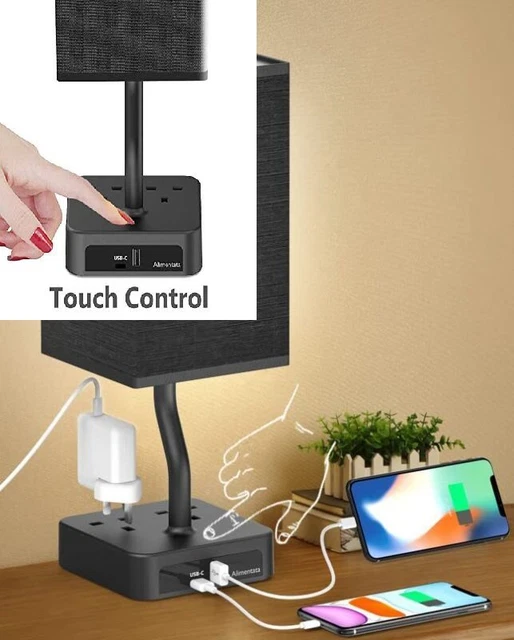 Lampada da comodino Alimentata, controllo touch lampada da comodino camera da letto nero