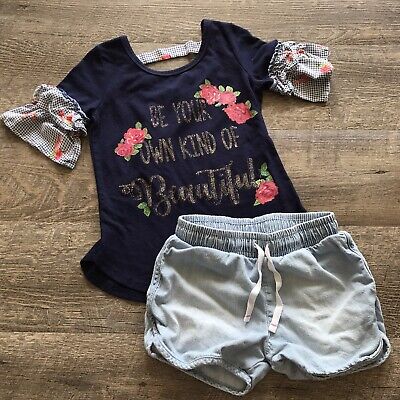 Girls Floral Shirt & Denim Short Casual Summer Outfit 5T Cat 7 Jack Lily Bleu