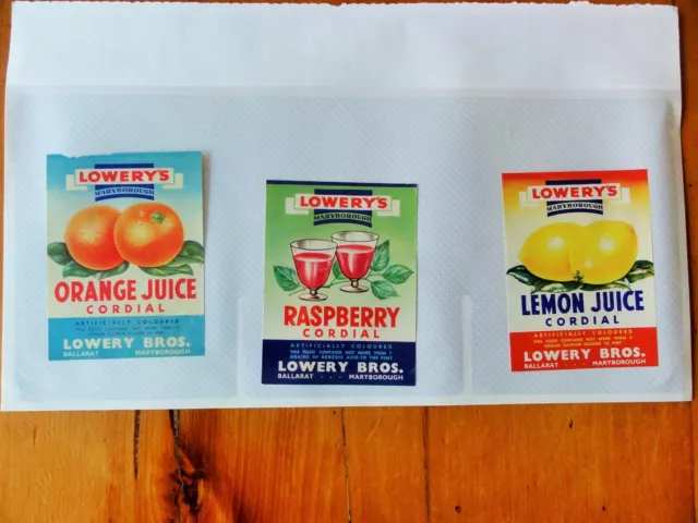 Rare Lot 3 Unused Lowery's Ballarat & Maryborogh Old Soft Drink Labels.