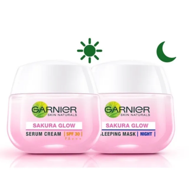 Garnier piel natural sakura brillo hialurón crema suero SPF30 día y máscara noche