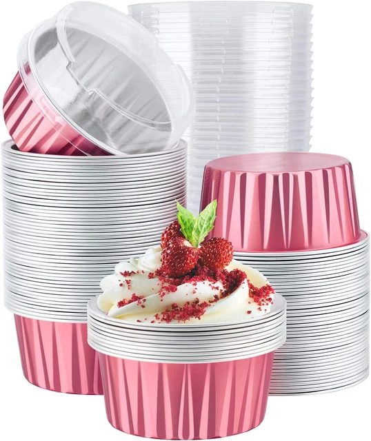 Foil Baking Cup,  100Pcs 5Oz 125Ml Cupcake Muffin Liners Cups with Lids, Creme B