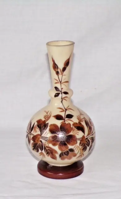 Decorative Antique Opaline Glass Bulbous Vase Autumnal Floral Hand Painted L@@K