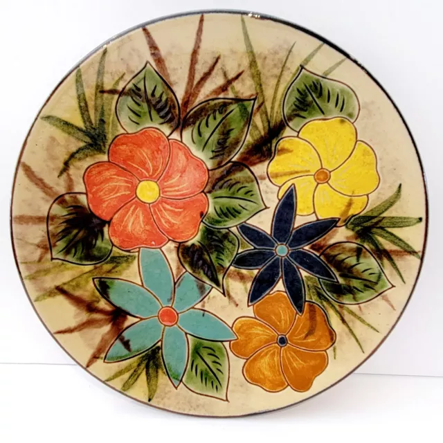 Rare 9" Wall Art Hang Plate Floral Hand Painted Redware Pottery Majolica  P4