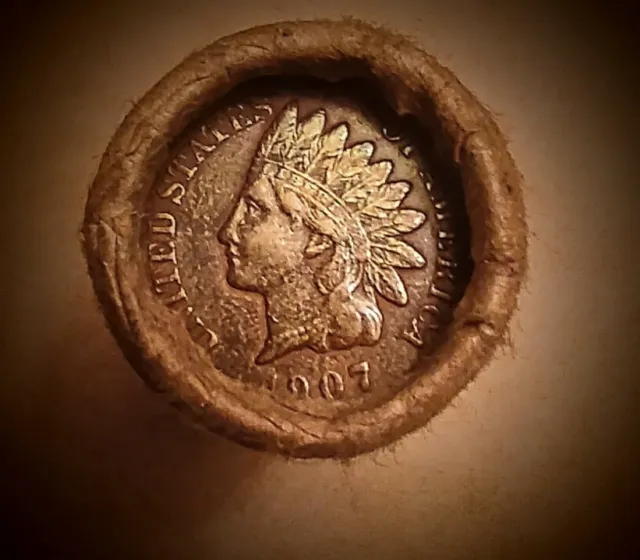 Small Cent Roll • AU 1907 Indian Head & Scarce 1933-D Wheat Ends • (See photos)