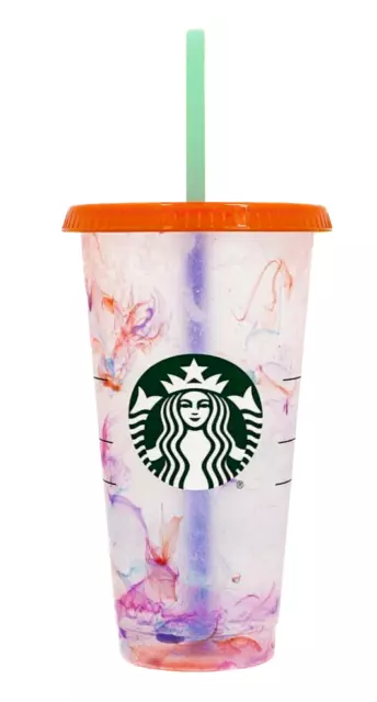 Starbucks 2021 Summer Color Changing Confetti 24 oz Reusable Cold Cup Orange Lid