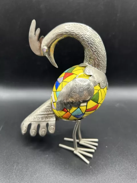 Silver Metal Bird Figure Sculpture Mosiac Accents Ecuador Tinta Taller Style MCM