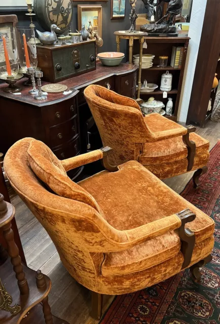Pair Vintage Mid Century Modern, Barrel Back Club Chairs, Henredon Fine Furn