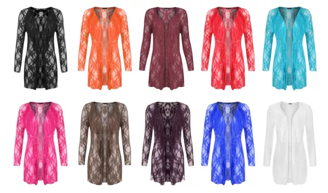 New Plus Size Womens Floral Lace Open Cardigan Ladies Long Sleeve Waterfall Top