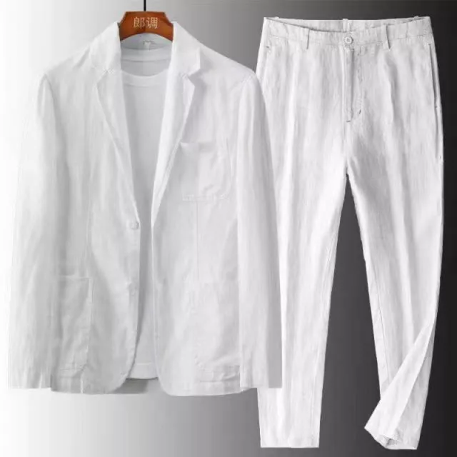 2 Piece Mens Blazer+Pants Cotton Linen Suits Slim Tuxedo Groomsmen Bestman Party