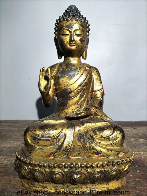 12 " Old Tibet Buddhism Bronze Gilt Shakyamuni Sakyamuni Buddha Lotus Statue