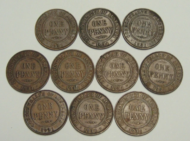 Australian 1931 penny, dropped 1 variety, 10 coins, unchecked for dies.