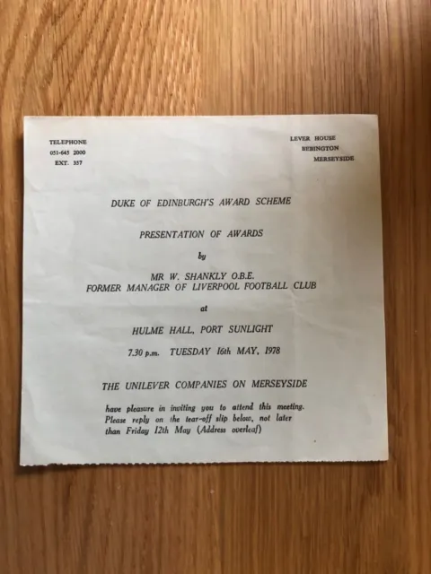 Un Invito A Una Serata Di Presentazione Dei Premi ~ Bill Shankly Liverpool Fc 1978
