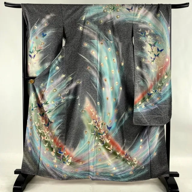 Japanese kimono SILK"FURISODE" long sleeves,Gold/Lame,Peacock feather, 5'4".3396