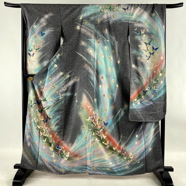 Japanese kimono SILK"FURISODE" long sleeves,Gold/Lame,Peacock feather, 5'4".3396
