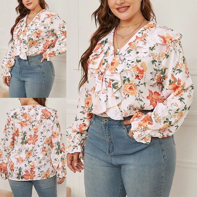Femme Grande Taille Floral Manches Longues Chemisier Dentelle Chemise en Vrac