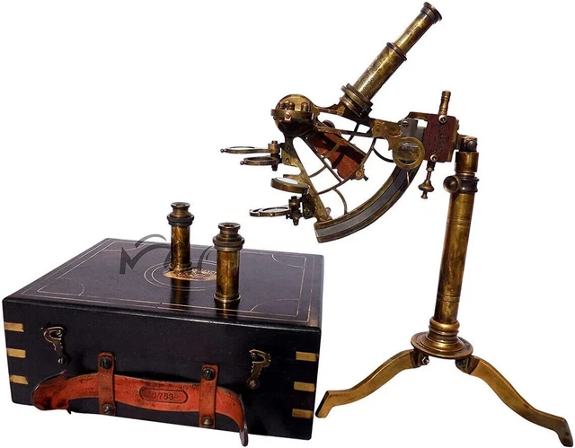 Sextant En Laiton Vintage Fonctionnel - 12.1x10.8x6.3 Cm - Avec Boîte En Bois Et Télescopes