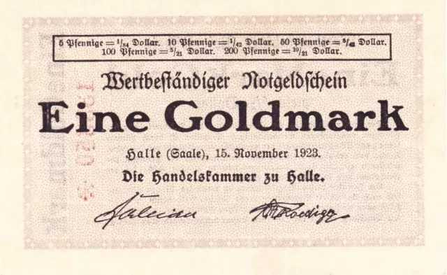 Halle, Handelskammer: 1 Goldmark 15.11.1923 kassenfrisch!