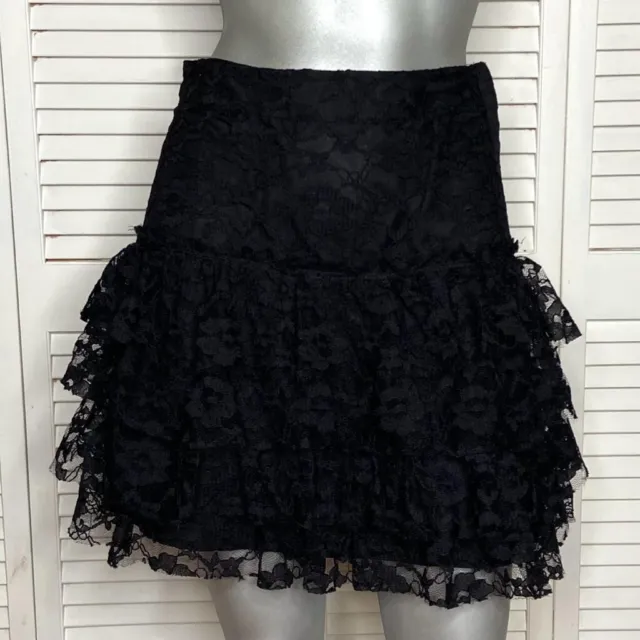 H&M Black Romantic Lace Ruffle Tiered Mini Skirt High Waisted Sz 4