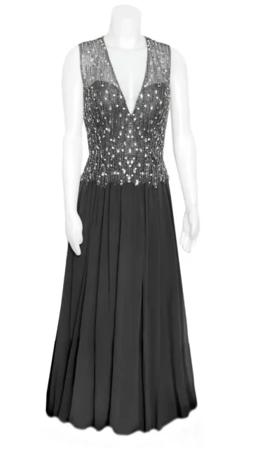 Gray Chiffon Formal Gown, Beads and Crystals Special  Occasion Floor Length 8T