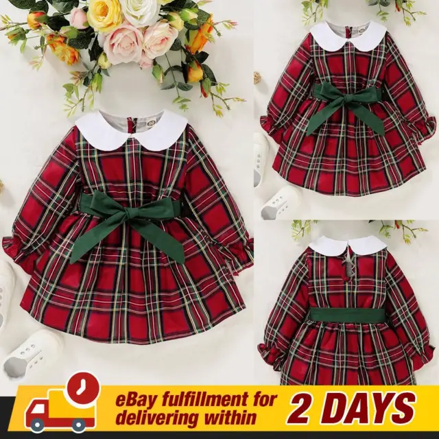 Christmas Baby Girls Plaid Red Princess Dress Party Tartan Outfit Clothes Xmas