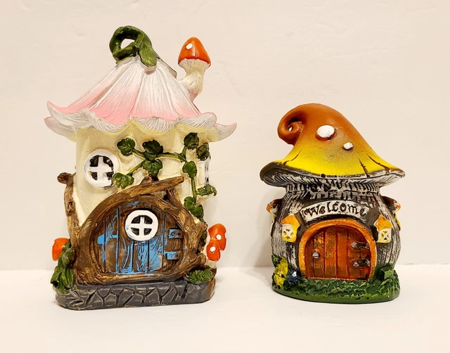 2 Whimsical Fairy Garden Accent Piece 'Welcome' Mushroom Houses Figurine 4" & 6"