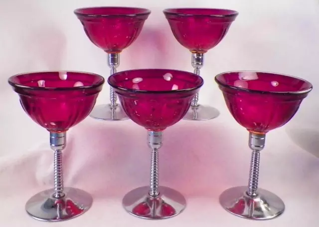 Vintage Crystal Ruby with Clear Two Ball Stem Liquor Cocktail Glass Set of  Four