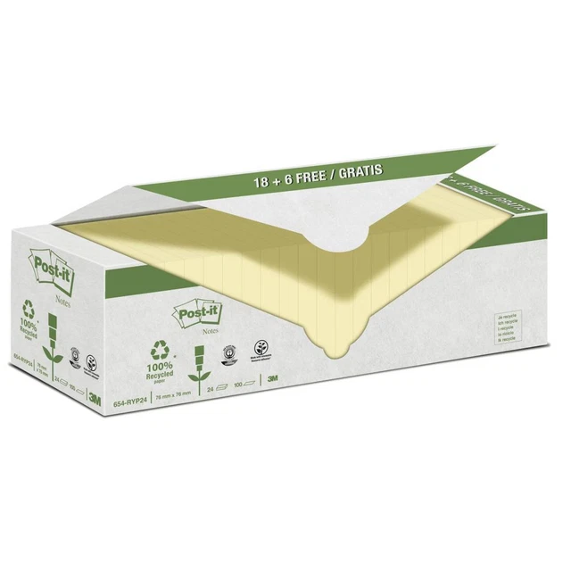 Blocco Post it® - 654-RYP24 - 76 x 76 mm - carta riciclata - giallo - 100 fogli
