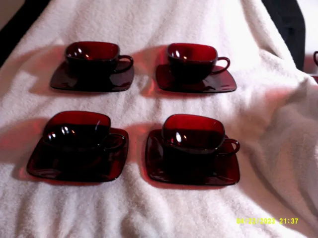 Vtg Anchor Hocking Royal Ruby Red Glass Charm Square Cups & Saucers Set Of 4 Mcm