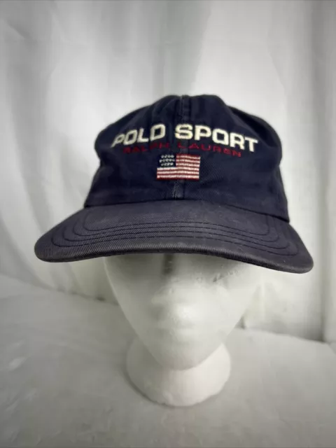 VTG POLO SPORT Ralph Lauren Flag Navy Blue Strapback Buckle Hat Cap Made in USA