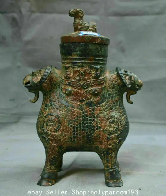 10.4" Ancient Chinese Bronze Ware Dynasty Palace Double Sheep Zun Bottle Vase