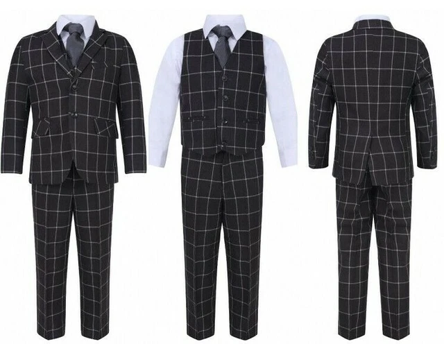 Nuovissimo Matrimonio Da Ballo Bambini Formale 5 Pezzi In Abito Grigio A Scacchi Età Da 1 A 15
