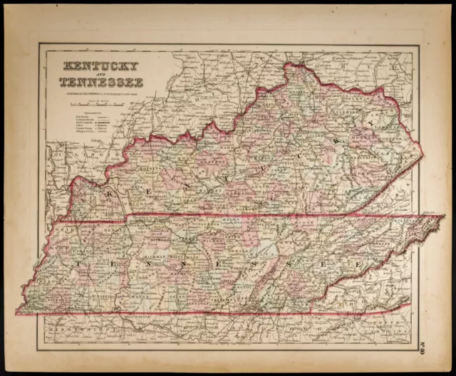 Antique Map [1857,Colton]: U.S. State Kentucky & Tennessee. Antique Map