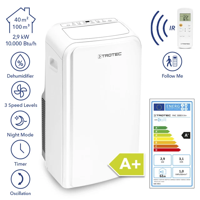 TROTEC Climatiseur local PAC 3000 X A+ Air conditionné mobile 2,9 kW / 10000 Btu