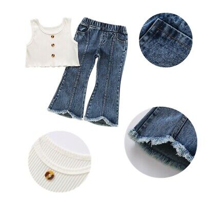 Kids Girls Summer Cotton Jeans Outfit Cropped Top Jeans Denim Pants Casual Wear