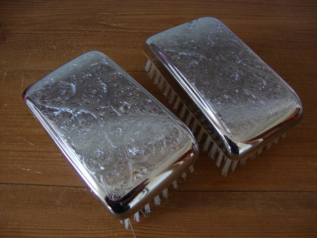Vintage Chromium & Wood Chrome Clothes Brushes Vanity Set - Made In England