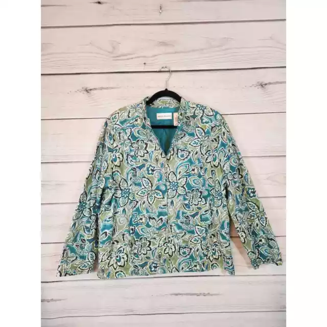 Alfred Dunner Women's Green Cotton Floral Long Sleeve Full Zip Jacket Size 16