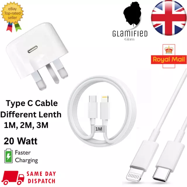 For iPhone 14 13 12 11 Pro XR XS Fast Charging 20W USB-C PD Plug Charger Cable