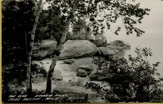 The Cove Broken Rocks Port Austin Shoreline MI RPPC Real Photo Postcard B36