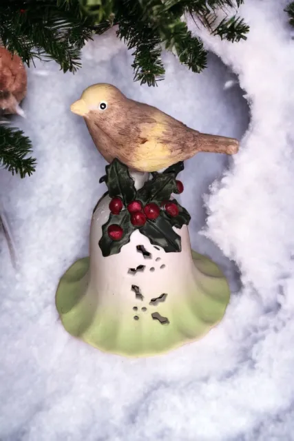 Vtg Ceramic Flower Bell Finch On top Upside Down Flower Petals, Holly Christmas