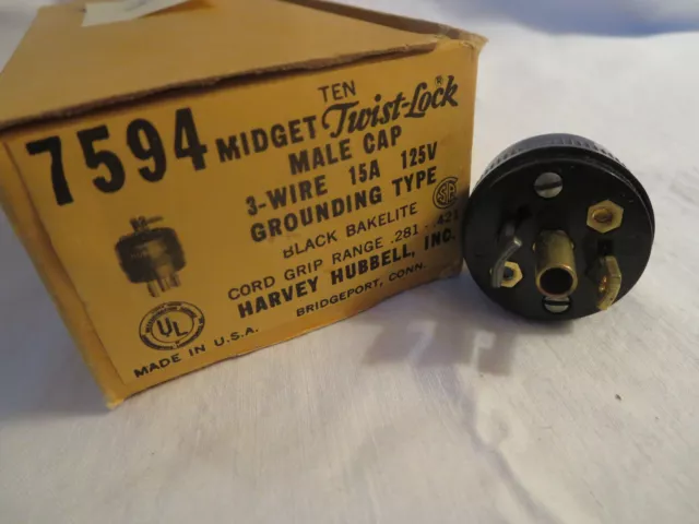 Hubbell 7594 Midget Twist-Lock Male Cap 3-Wire 15A/125V Grounding Type NOS