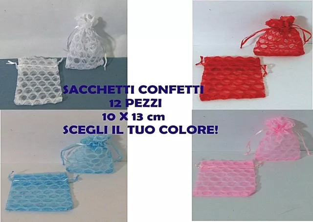 VELO TULLE BOMBONIERA 12 Pz SACCHETTO CONFETTI 10 X 13 cm.SCEGLI IL TUO COLORE