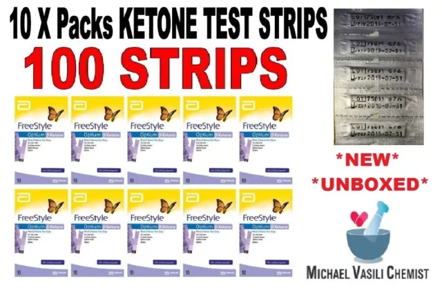 Ketone Test Strips 10xPacks (100 Strips) FreeStyle Optium Abbott EXP 03/25