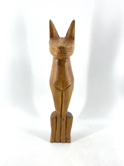 LG Vintage Mid Century Modern Hand Carved Teak Wood Siamese Cat Sculpture 20.5”