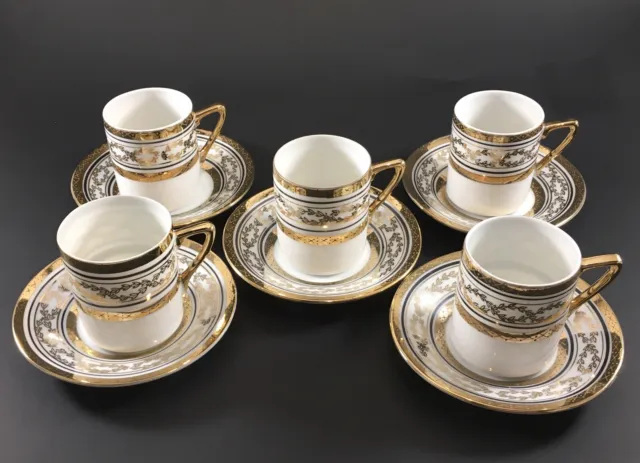 Set of 5 ~ Vintage Elegante By Arnart White & Gold Demitasse Tea Cups & Saucers