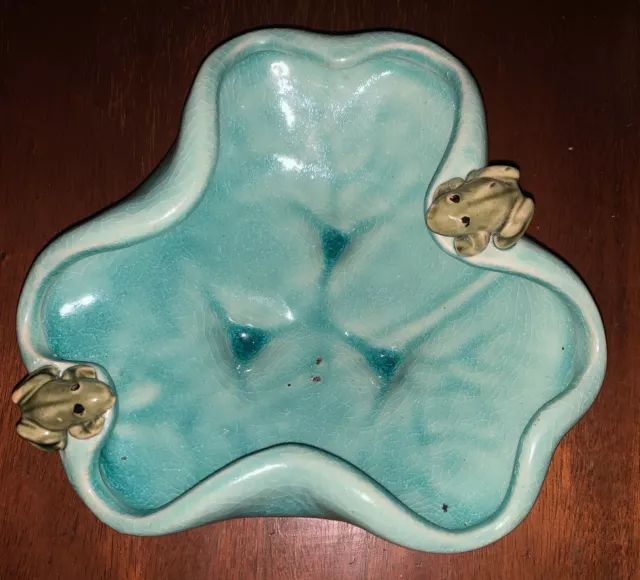 Vintage Frog Majolica Pottery Ceramic Dish Bowl Green Drip Crackle Glaze Bonsai