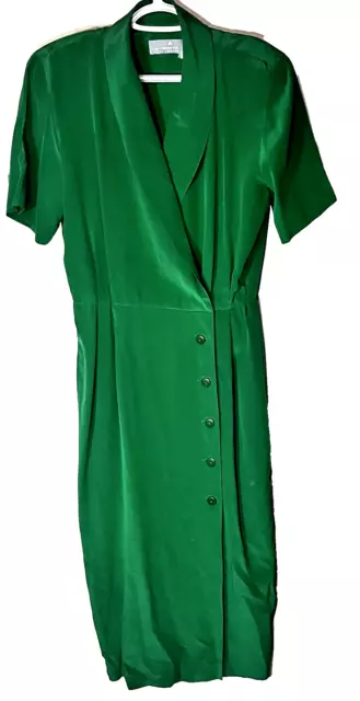 VTG Liz Claiborne 100% Silk Green Dress Midi shirt short sleeve 8 Petite